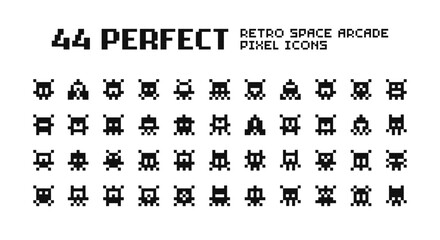 44 Pixel art icons set of Retro Space Arcade Game. Simple Pixel UFO aliens, monsters, spaceships retro video game collection. Perfect Pixel Art black silhuette icons set - vector pixel graphics  - obrazy, fototapety, plakaty