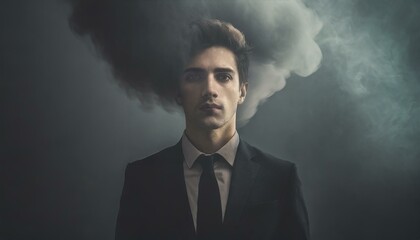 Man in black suit vanishing in a dark black smoke from head, surreal emotional concept  - obrazy, fototapety, plakaty