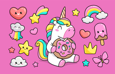 Kawaii Baby Unicorn hug donut vector set. Cute cartoon Pony Unicorn and funny kawaii elements: ice cream, cloud, rainbow, heart, happy star etc for pattern and greeting card, birthday party decoration