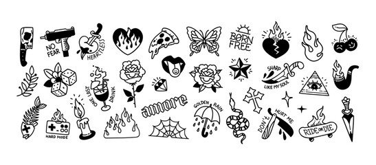 Old school tattoo vs Y2k gothic tattoo stickers and elements pattern collection. Traditional tattoo and Aesthetic 2000s gothic opium set of butterfly, cross, fire, flamed heart, rose and more - obrazy, fototapety, plakaty