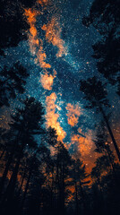 Fototapeta na wymiar Starry night sky merging with a fiery treetop line - An otherworldly view where a fiery night sky blends with treetops, bringing forth a surreal juxtaposition