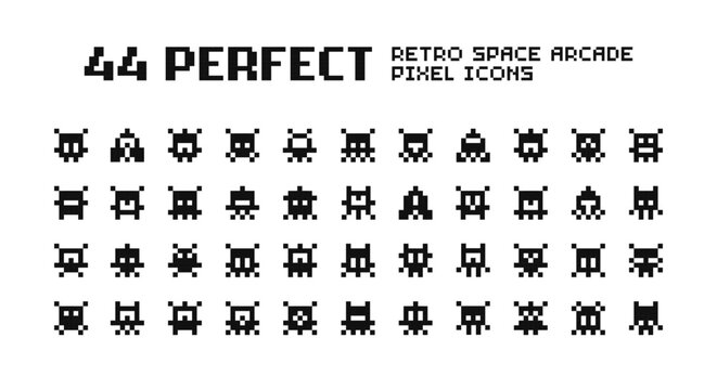44 Pixel art icons set of Retro Space Arcade Game. Simple Pixel UFO aliens, monsters, spaceships retro video game collection. Perfect Pixel Art black silhuette icons set - vector pixel graphics 