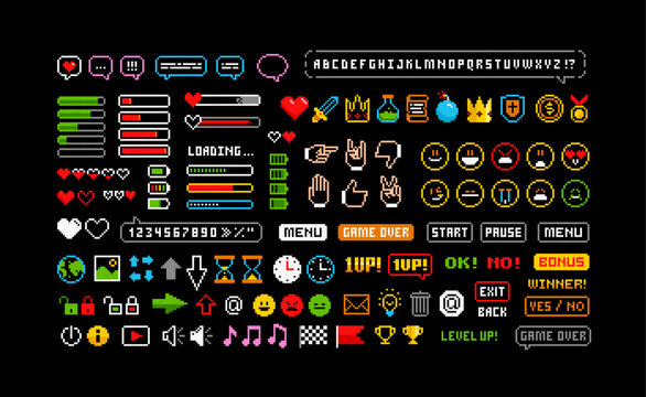 Retro Game pixel graphics icons Set 5. Perfect colorful pixel icons of game props, download bar, health scale, gestures, cursors, etc. Office items pixel icons. Retro Game loot and awards pixel art