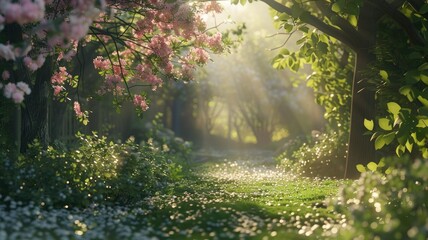 Enchanted forest pathway with blooming trees - A serene path leads through an enchanted forest with sunlight filtering through blooming trees, creating a peaceful atmosphere