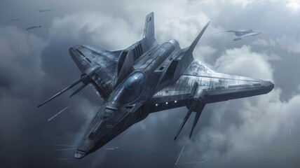 Advanced space fighter jet in battle mode - An intricate image of a cutting-edge space fighter jet maneuvering in a dark, stormy space atmosphere, indicating a combat scenario - obrazy, fototapety, plakaty