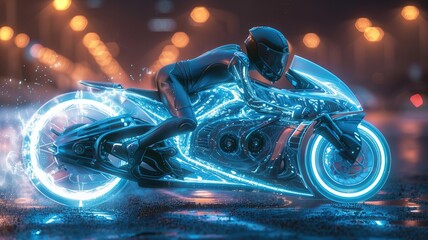 Futuristic motorcycle racer on illuminated bike - A dynamic image presenting a cyberpunk-inspired scene with a racer on a glowing motorcycle speeding through a city