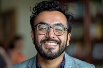 Close-up portrait of a 35 year old dark haired, bearded man with horn-rimmed glasses, smiling looking at the camera, blurred background.