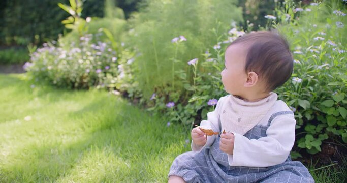 A baby child toddler is sitting on the grass and holding a leaf. The baby girl is smiling and looking at the camera. The scene is peaceful and calm, with the baby enjoying the outdoors