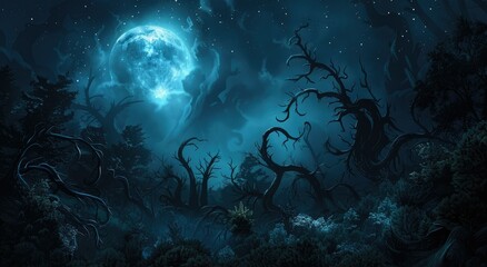 Mystical moonlight shining through twisted trees - A hauntingly beautiful scene with a bright blue moon casting light through a forest of gnarled trees, invoking a sense of mystery and magic