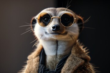 Design a sophisticated meerkat wearing chic eyewear, against a refined onyx setting, exuding confidence and poise in its distinct sense of style
