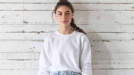 Woman wearing a crewneck sweatshirt and light-colored jeans standing against a white wooden wall. - obrazy, fototapety, plakaty