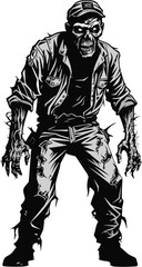 Fototapeta na wymiar Sinister Vector Rendering of a Zombie Wearing Cargo Pants Emerging from the Grave
