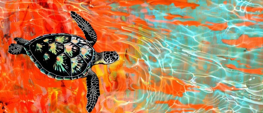  A vibrant image depicts a sea turtle gracefully swimming through a watery pool with an orange-blue gradient
