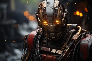 Fighting robot faces the intense flames., generative IA