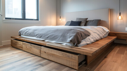 Fototapeta na wymiar Modern bedroom with a platform bed featuring built-in drawers underneath for concealed storage of clothing and linens