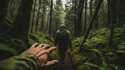 A photo from first person exploring a dense forest on a hiking trail showing hands 
