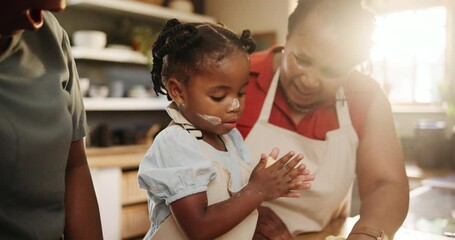 Girl, kid and grandmother with mother for baking in kitchen with flour, healthy development and applause. Family, women and child with cooking for bonding, teaching and learning with smile in home