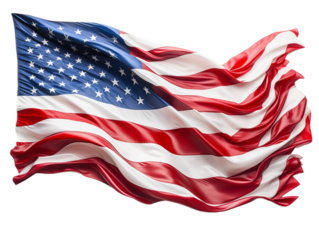 The waving flag of USA, red and white stripes and white stars. Isollated on the transparent background.