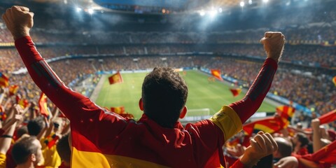 A group of soccer fans at a sports event, standing in a stadium with arms raised in a gesture of...
