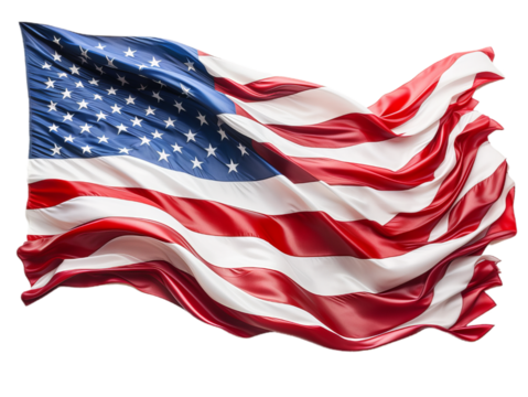 The waving flag of USA, red and white stripes and white stars. Isollated on the transparent background.