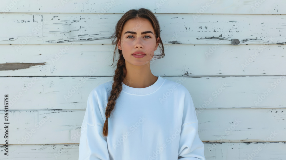 Wall mural Woman wearing a crewneck sweatshirt and light-colored jeans standing against a white wooden wall. - Wall murals