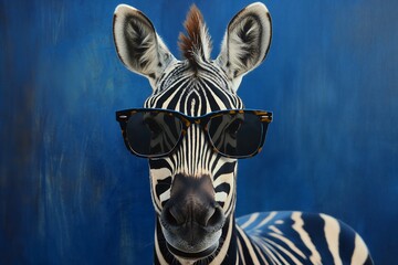 Design a sophisticated giraffe wearing chic spectacles, against a rich purple setting, radiating confidence and poise in its unique sense of style and sophistication