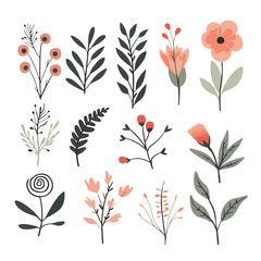 Warm toned floral and foliage illustration set