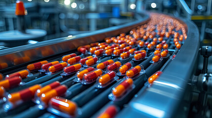 Obraz premium Production red orange capsules on the factory, farmaceutical industry 