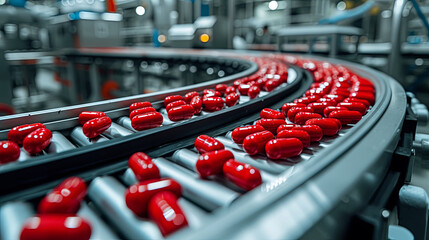 Obraz premium Production red capsules on the factory, farmaceutical industry 