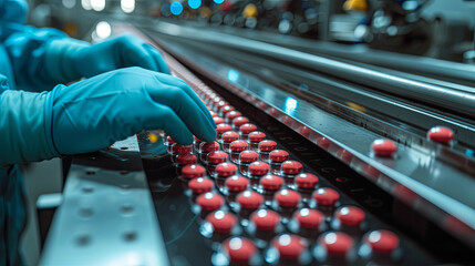 Production red pills on the factory, farmaceutical industry - obrazy, fototapety, plakaty