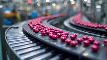 Fototapeta na wymiar Production dark pinkpills on the factory, farmaceutical industry