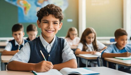 Fototapeta premium A young boy in a classroom smiles confidently at his desk with other students in the background