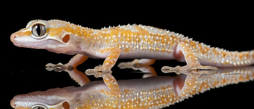  A macro photograph of a gecko perched on a dark background, reflected in a watery surface