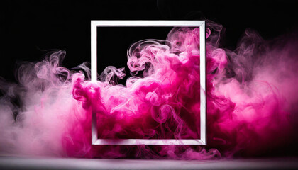 Motion explosion pink smoke with white frame on black background. Fluid splash vapor cloud
