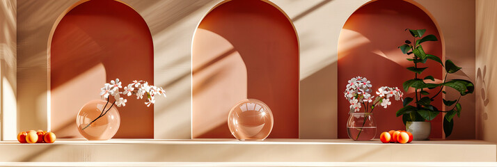 Elegant Minimalistic Abstract with Glass Reflections, Geometric Shapes, and Soft Pink Tones
