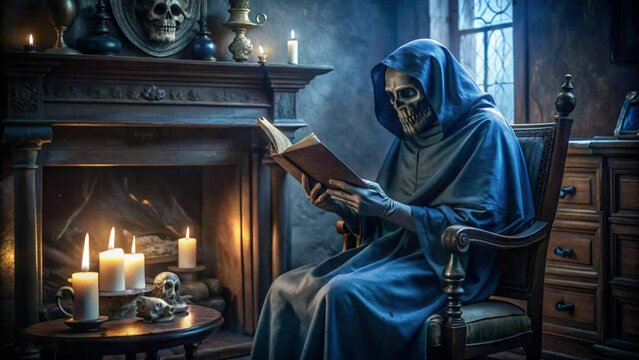 a skeleton wearing a black robe is sitting and reading a book with many candles