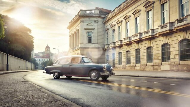 classic car in the middle of the road and background of old buildings and clear sky