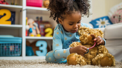 A toddler in pajamas is pretending to examine a plush teddy bear with a stethoscope. - obrazy, fototapety, plakaty