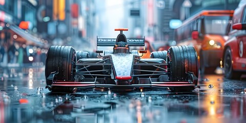 Digital Artwork: Formula Car Trapped in Urban Traffic Jam during Rush Hour. Concept Urban Landscape, Rush Hour, Formula Car, Traffic Jam, Digital Artwork