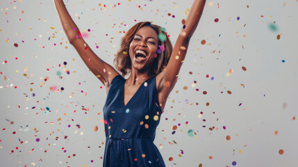 Obraz na płótnie Canvas A jubilant woman raises her arms amidst a shower of confetti.