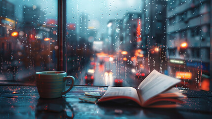 cozy street view, book and coffee near the window, street, city, night, car, traffic, road, urban,...