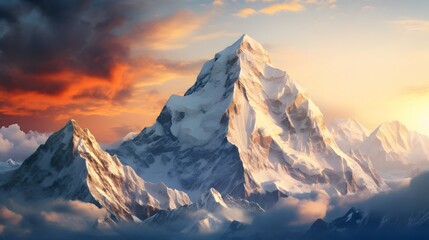 An awe-inspiring mountain peak rising above the clouds, its snow-capped summit glowing in the light of the setting sun, a sight that fills the soul with wonder and gratitude for the beauty of our worl