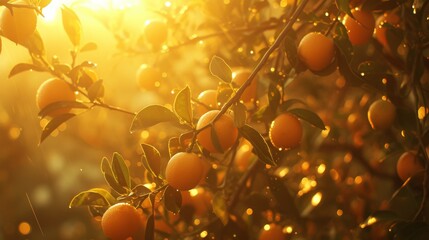 A close-up of ripe oranges on a tree, bathed in a golden sunset light that creates a magical, ethereal atmosphere.