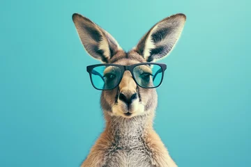 Foto op Plexiglas Design a trendy Kangaroo donning fashionable eyewear, set against a minimalist azure background, blending contemporary aesthetics with playful charm. © GraphicXpert11