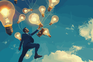 Ambitious businessman flying with lightbulb balloons and telescope, searching for new business ideas, creativity and innovation to find success, visionary leadership concept - obrazy, fototapety, plakaty