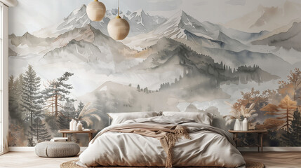 Cozy bedroom the the mountains lanscape wall mural