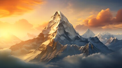An imposing mountain peak rising majestically above the clouds, its sheer cliffs and rugged terrain illuminated by the golden light of sunset, a scene of unparalleled natural beauty. - obrazy, fototapety, plakaty