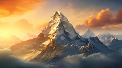 Foto op Canvas An imposing mountain peak rising majestically above the clouds, its sheer cliffs and rugged terrain illuminated by the golden light of sunset, a scene of unparalleled natural beauty. © Graphica Galore
