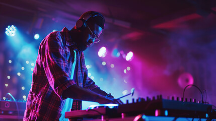 Fototapeta na wymiar Professional DJ music mixer at a party at an Electronic Music concert