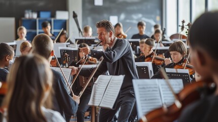 A group of musicians are performing on string instruments, specifically the violin family, in a...